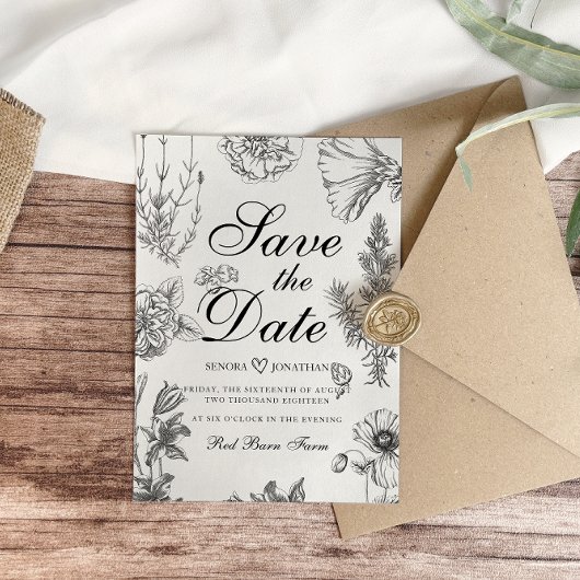 Antieke zwart-wit botanische bruiloft save the date