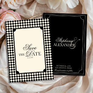 Antieke zwart-wit geblokte 'old money' trouwoutfit save the date