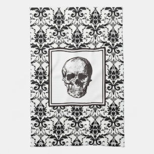 Antieke Zwarte Gotische Patroon Schedel Halloween Theedoek