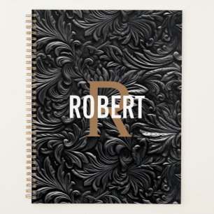 Antieke zwarte goud gestempelde leren monogram naa planner