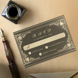 Antieke zwarte gouden trouw elegante kalligrafie RSVP kaartje
