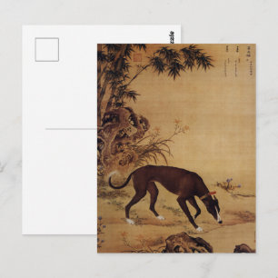 Antieke Zwarte Greyhound & Roze Bloesem Briefkaart