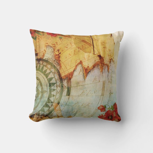 Antiquarian Map Compass & Poppies Pillow Kussen (Voorkant)