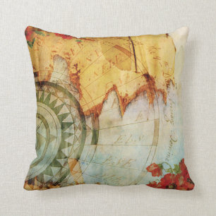Antiquarian Map Compass & Poppies Pillow Kussen
