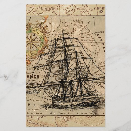 Antique Ancienne Carte Générale de France & Navire (Devant)