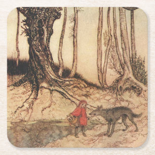 antique Arthur Rackham Roodkapje & Wolf Print Vierkante Kartonnen Onderzetter