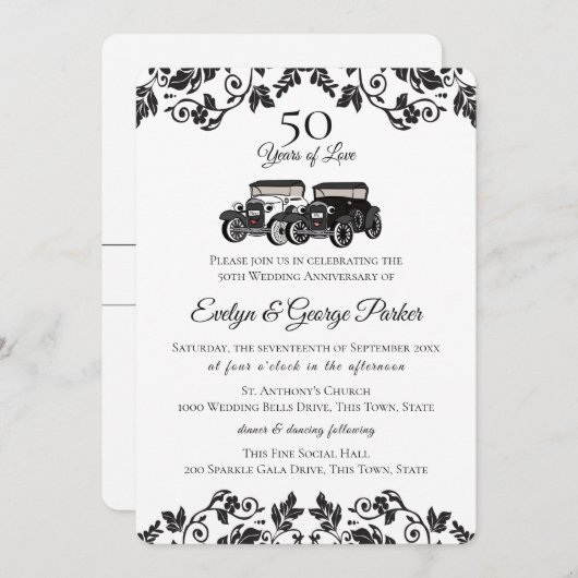 Antique auto en damast 50ste verjaardag kaart (Voorkant / Achterkant)