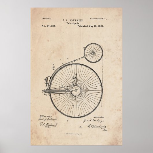 Antique Bicyclette Brevet Imprimer Poster (Devant)
