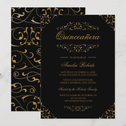 Antique Black Gold Flourish Quinceanera Invitation (Devant / Derrière)