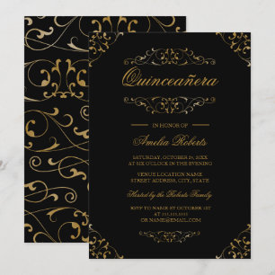 Antique Black Gold Flourish Quinceanera Invitation
