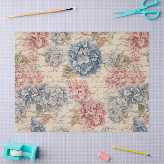 Antique Blue and Pink Hydrangea Ephemera Script  Tissuepapier (Craft)