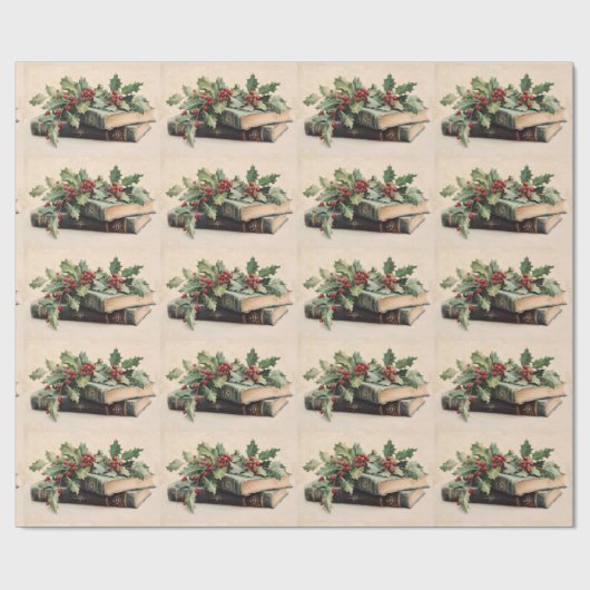 ANTIQUE BOOKS AND HOLLYBERRIES Christmas Pattern Cadeaupapier (Vlak)