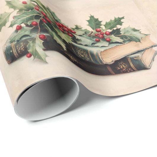 ANTIQUE BOOKS AND HOLLYBERRIES Christmas Pattern Cadeaupapier (Rol Hoek)