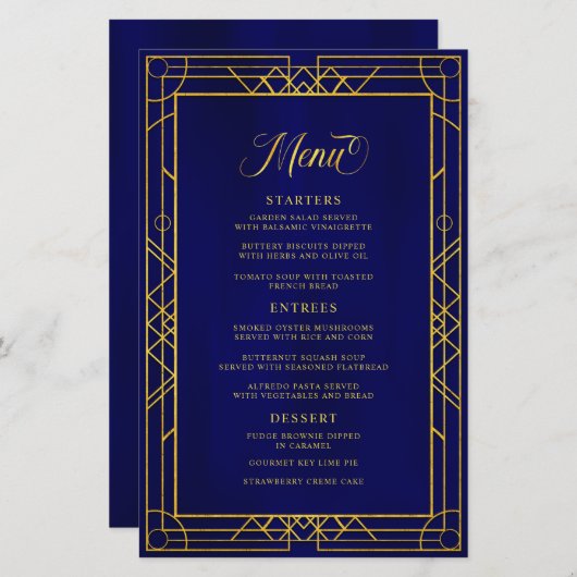 Antique cadre géométrique or Royal Blue Menu (Devant / Derrière)