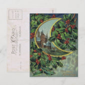 Antique carte postale de Noël Holly & Crescent Moo (Devant / Derrière)