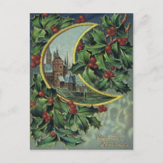 Antique carte postale de Noël Holly & Crescent Moo