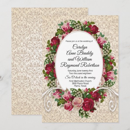 Antique Damask et Faire-part de mariage Rose (Devant / Derrière)