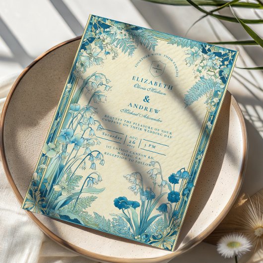 Antique Garden Blue Flower Wedding Kaart