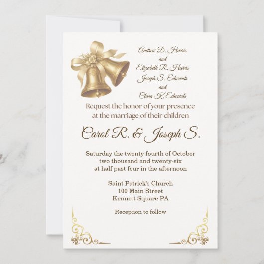 Antique Gold Bells Wedding Invitation Kaart (Voorkant)