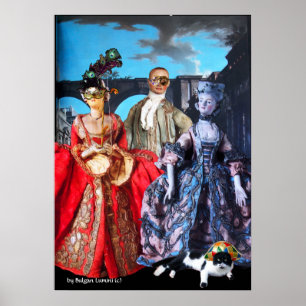 ANTIQUE ITALIAANSE POPPEN MASKERADE KOSTUUMPARTY POSTER