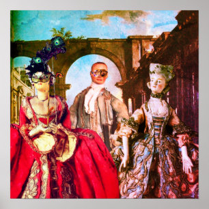 ANTIQUE ITALIAANSE POPPEN MASKERADE KOSTUUMPARTY POSTER