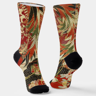 ANTIQUE JAPANSE BLOEMEN Rood Groen Zwart Bloemmoti Sokken