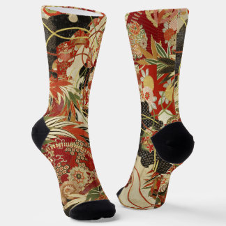 ANTIQUE JAPANSE BLOEMEN Rood Groen Zwart Bloemmoti Sokken