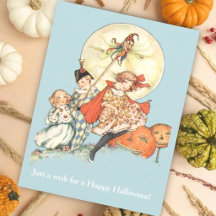 Antique Lune & Enfants Masqués Carte Vintage Hallo