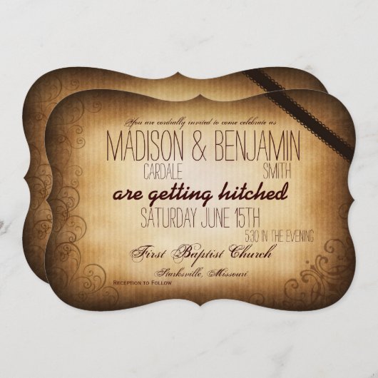 Antique Obtenir Hitched Rustic Wedding Invitations (Devant / Derrière)