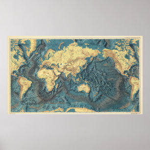 Antique Oceaan Reliëf Wereldkaart: Gele Continente Poster