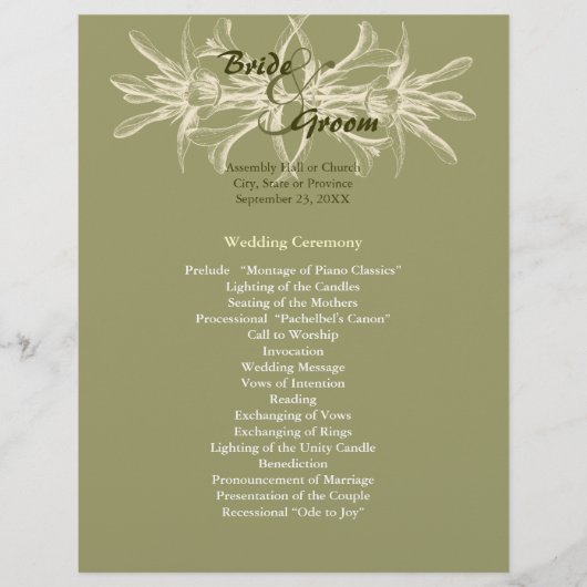 Antique Olive Floral Wedding Programme (Devant)