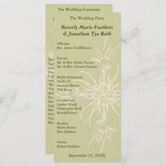 Antique Olive Floral Wedding Programme (Devant / Derrière)