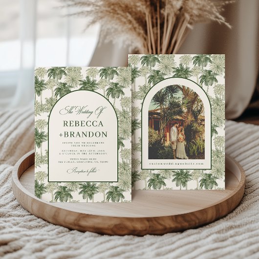 Antique Palm Tree Toile De Jouy Beach Wedding Kaart