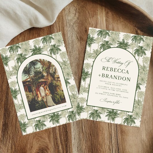 Antique Palm Tree Toile De Jouy Beach Wedding Kaart