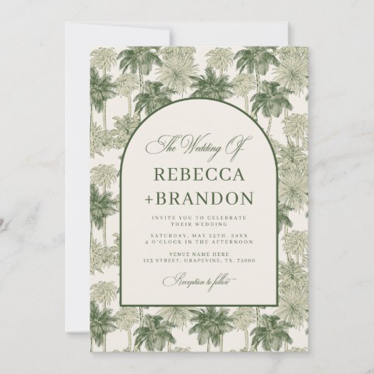 Antique Palm Tree Toile De Jouy Beach Wedding Kaart (Voorkant)