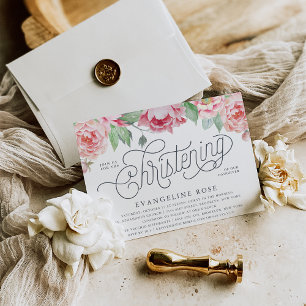 Antique Peony Christening Invitation