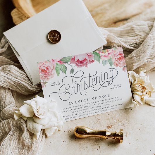 Antique Peony Christening Invitation