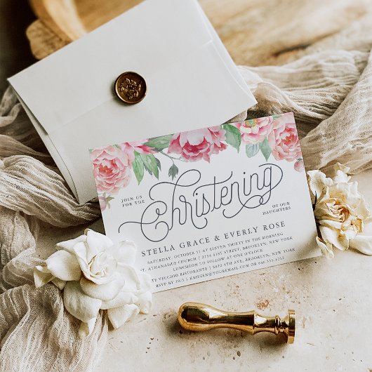 Antique Peony Twins Christening Invitations