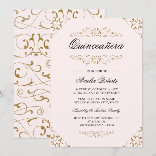 Antique Pink Or Flourish Quinceanera Invitation (Devant / Derrière)