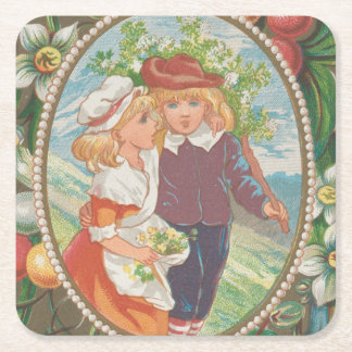 Antique Quirky Valentine, Victorian Era, 1874 Vierkante Kartonnen Onderzetter