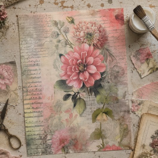 Antique Roze Bloemendecoupage, Ephemera, Handschri Tissuepapier