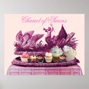 ANTIQUE ROZE KAROS VAN ZWANEN EN CUPCAKES POSTER