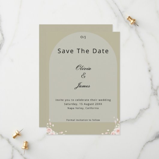 Antique Sage Green Whispered Petals Elegant Script Save The Date (Voorkant / Achterkant in situ)