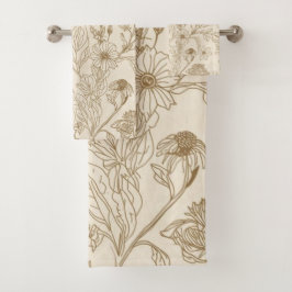 Antique Sepia Botanical Line Art Floral Pattern Bad Handdoek