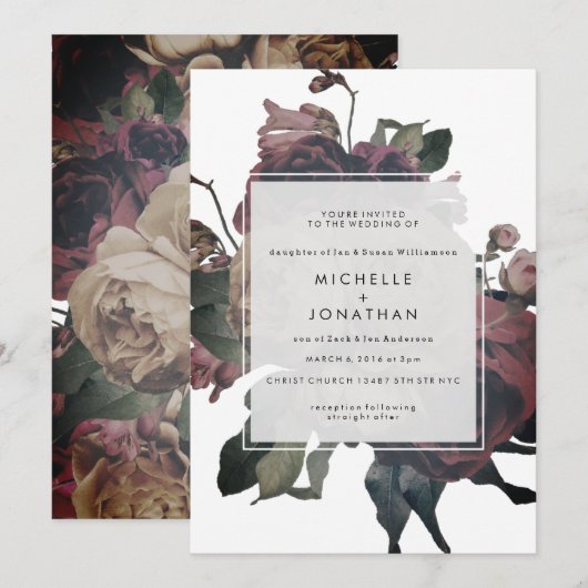 Antique sombre Roses Vintages Faire-part de mariag (Devant / Derrière)