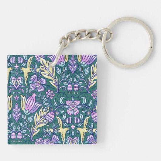 Antique Style Flowers and Birds Pattern Monogram Sleutelhanger (Achterkant)