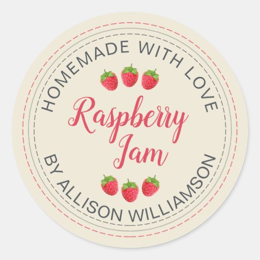 Antique White Raspberry Homemade With Love Jam  Ronde Sticker (Voorkant)