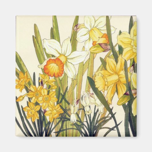 Antique Wood Block Print Daffodils Magnet Magneet (Voorkant)