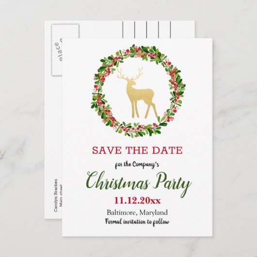 Antler Berry Wreate kerstparty redt de datum Aankondigingskaart (Voorkant / Achterkant)