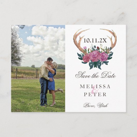 Antler herten rustieke chic save the date briefkaa aankondigingskaart (Voorkant)